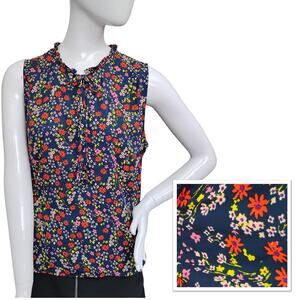 LOFT Outlet Blouse Size Medium Navy Blue with Red and Pink Ditsy Floral Print
